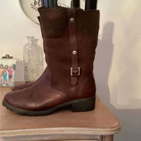 UGG BELLEVUE II SIZE 10 CONVERTIBLE BROWN LEATHER SHERPA LINED BOOTS - Picture 4 of 14